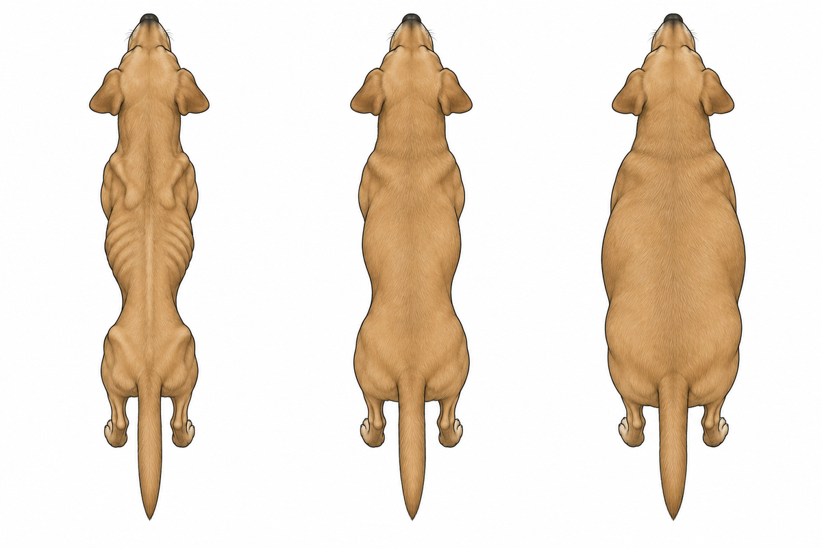 Drei Hunde von oben: zu dünn mit stark eingezogener Taille, passende Figur mit erkennbarer Taille und zu dick ohne erkennbare Taille.