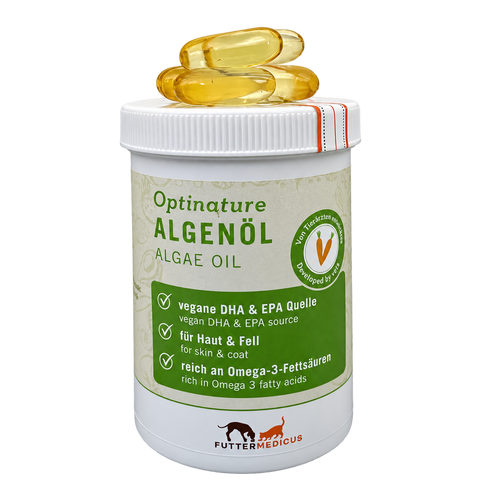 Futtermedicus Optinature Algenölkapseln – Dose mit goldgelben Kapseln auf dem Deckel